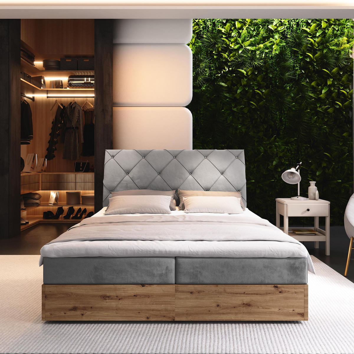 BOXBETT VELLANO 180x200 cm mit Matratze und Topper - Hellgrau - Hellgrau, Holz (180/200cm) - MASSENO