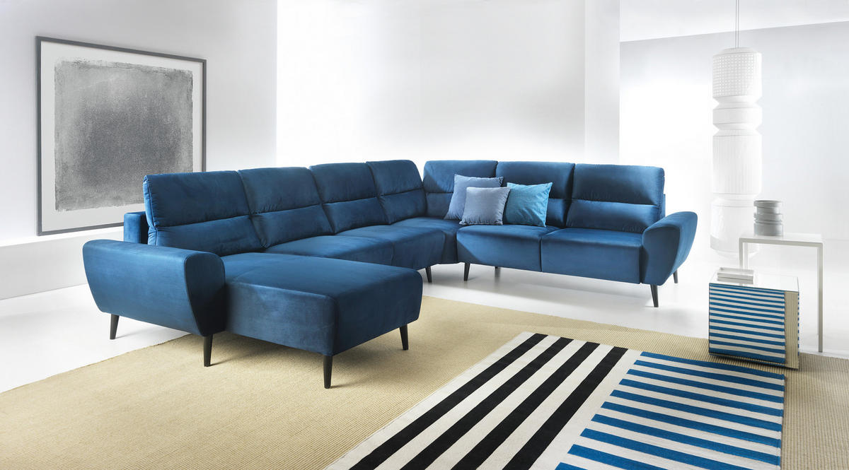 ECKSOFA BOSCO U-Form, Monolith-Stoff, Freistehend, mit verstellbaren Kopfstützen, Sofa für Familien, Größe: 340x270x98cm, Farbe: Blau - Blau, Holz/Textil (270/340cm) - DomoHome