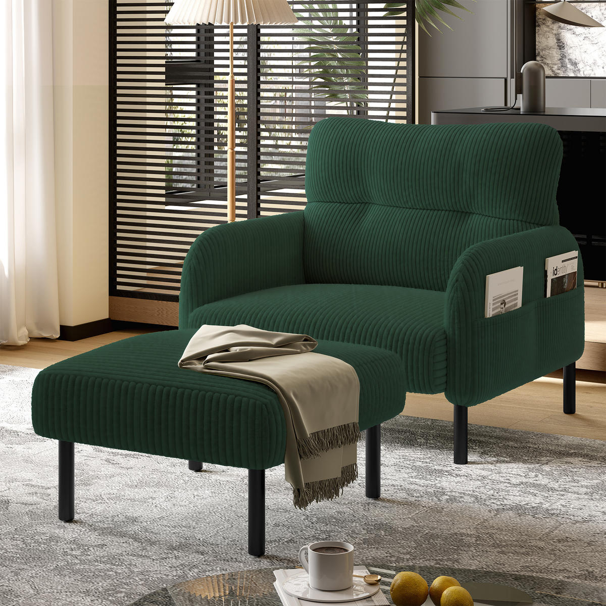 SESSEL Cord Smaragdgrün mit Seitentasche - Grün, Textil/Metall (67/79/75cm) - WISHDOR