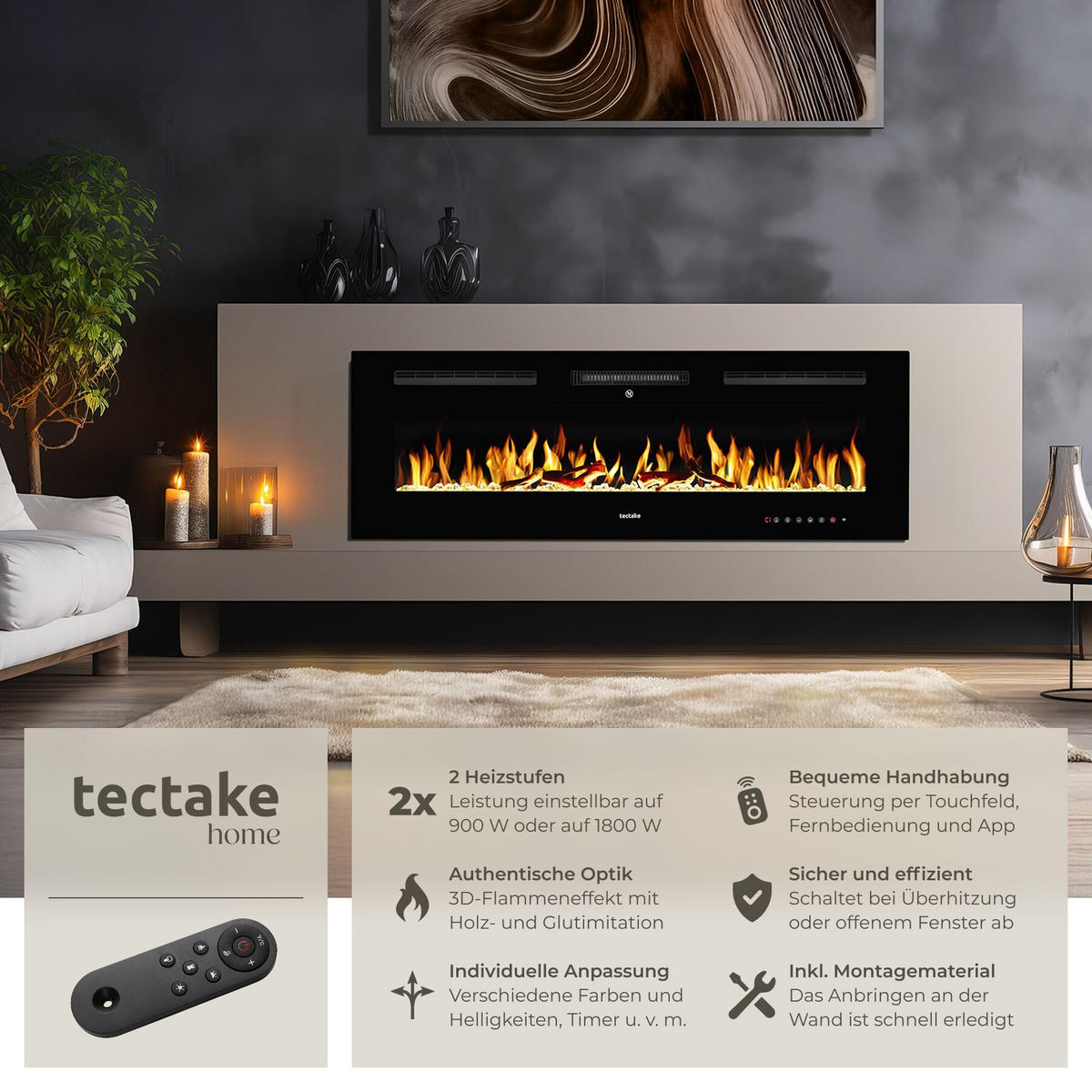 ELEKTRO-WANDKAMIN Luci,mit Fernbedienung und App-Steuerung, integriertes Thermostat,schwarz - Schwarz, Metall (127/43/12cm) - tectake