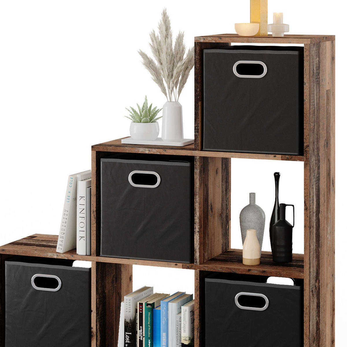 TREPPENREGAL Antikholz 107.2 x 107.8 cm mit 4 Faltboxen - Alteiche, Holzwerkstoff (107.2/107.8/29cm) - Vicco