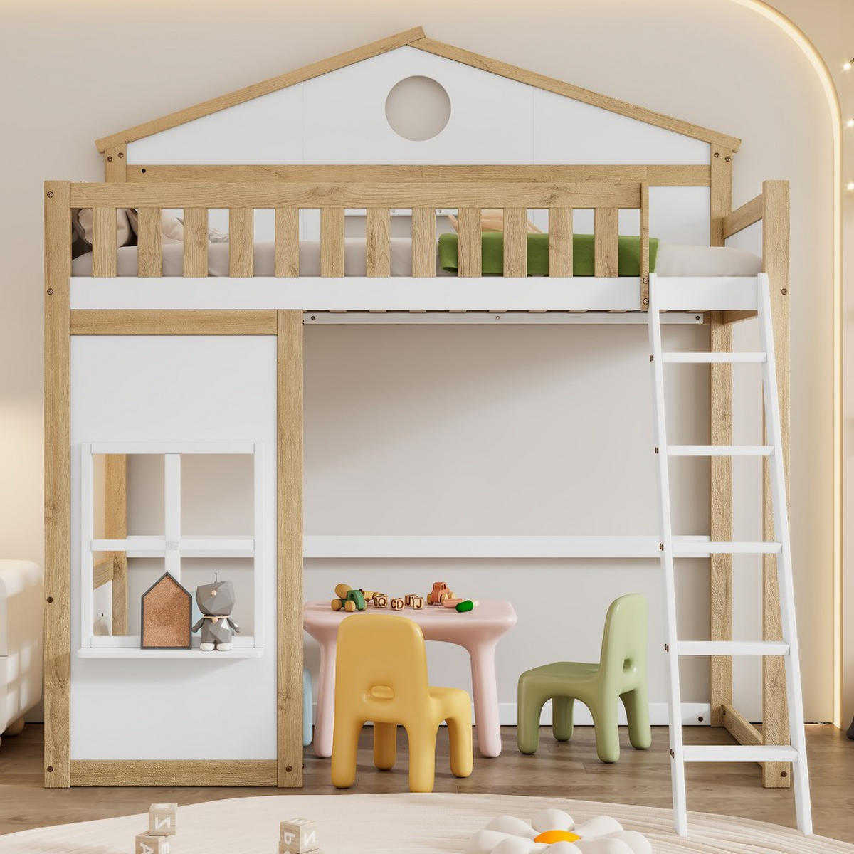 HAUSBETT 90x200cm mit Treppe in Weiß+Natur - Weiß, Holz (90/200cm) - KOMHTOM