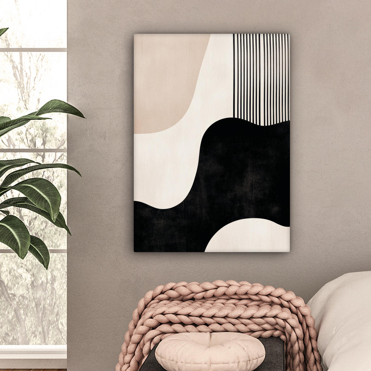 LEINWANDBILD Abstrakt - Japandi - Beige - Modern 60x80 cm - Schwarz, Textil (60/80cm) - MuchoWow