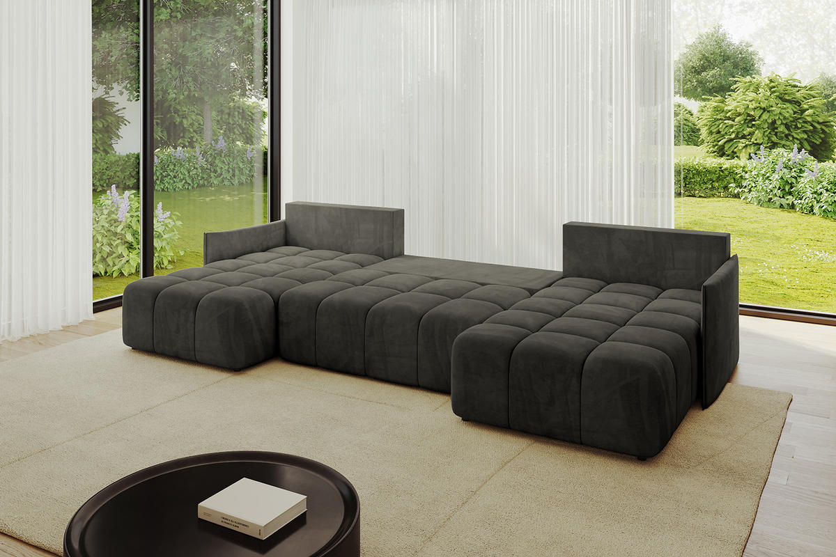 WOHNLANDSCHAFT LONLI-U 355x189x68 Schwarz Velours - Schwarz, Holzwerkstoff/Kunststoff (355/68/189cm) - ALTDECOR