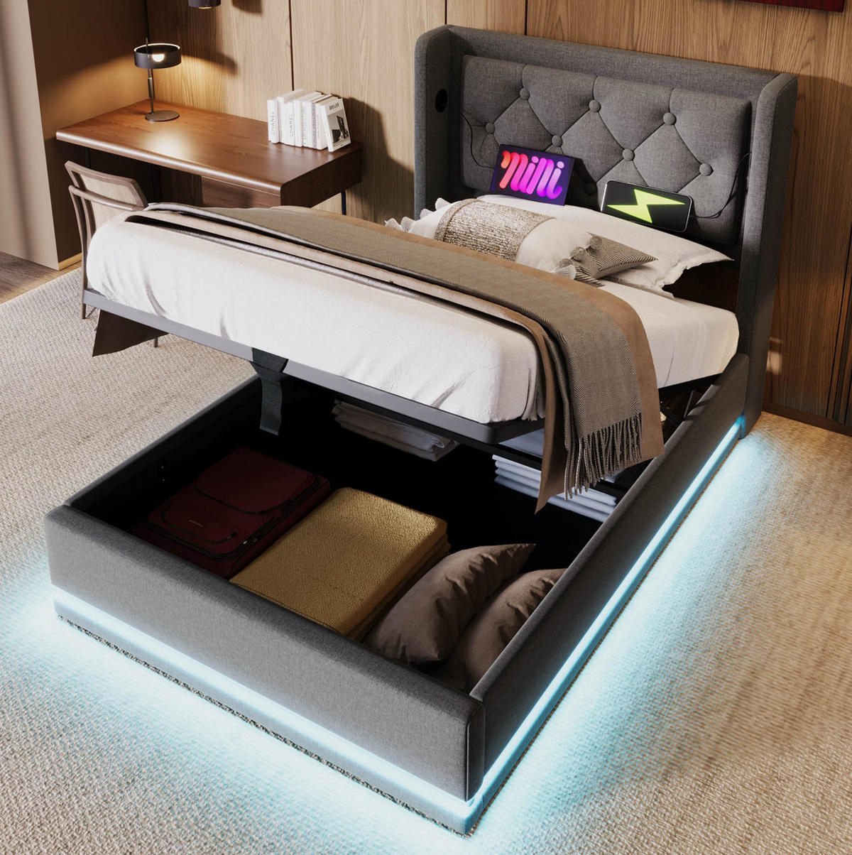 BETT mit Stauraum 90x200 cm Baumwolle Grau mit USB und LED - Grau, Metall (90/200cm) - Meubliv