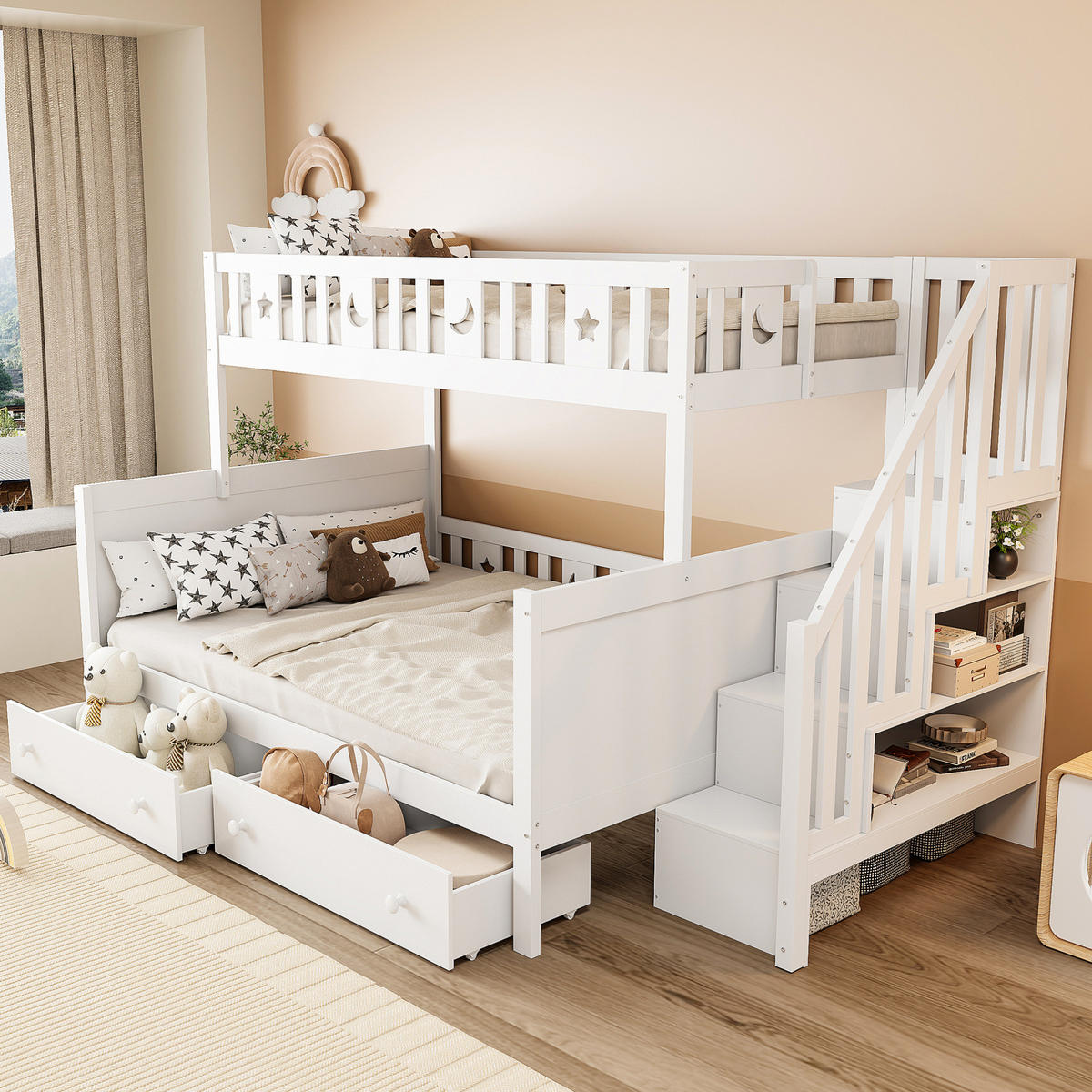 ETAGENBETT aus Massivholz 90x200/140x200 cm in Weiß mit Treppe & 2 Schubladen - Weiß, Holz (90/200cm) - Modfu