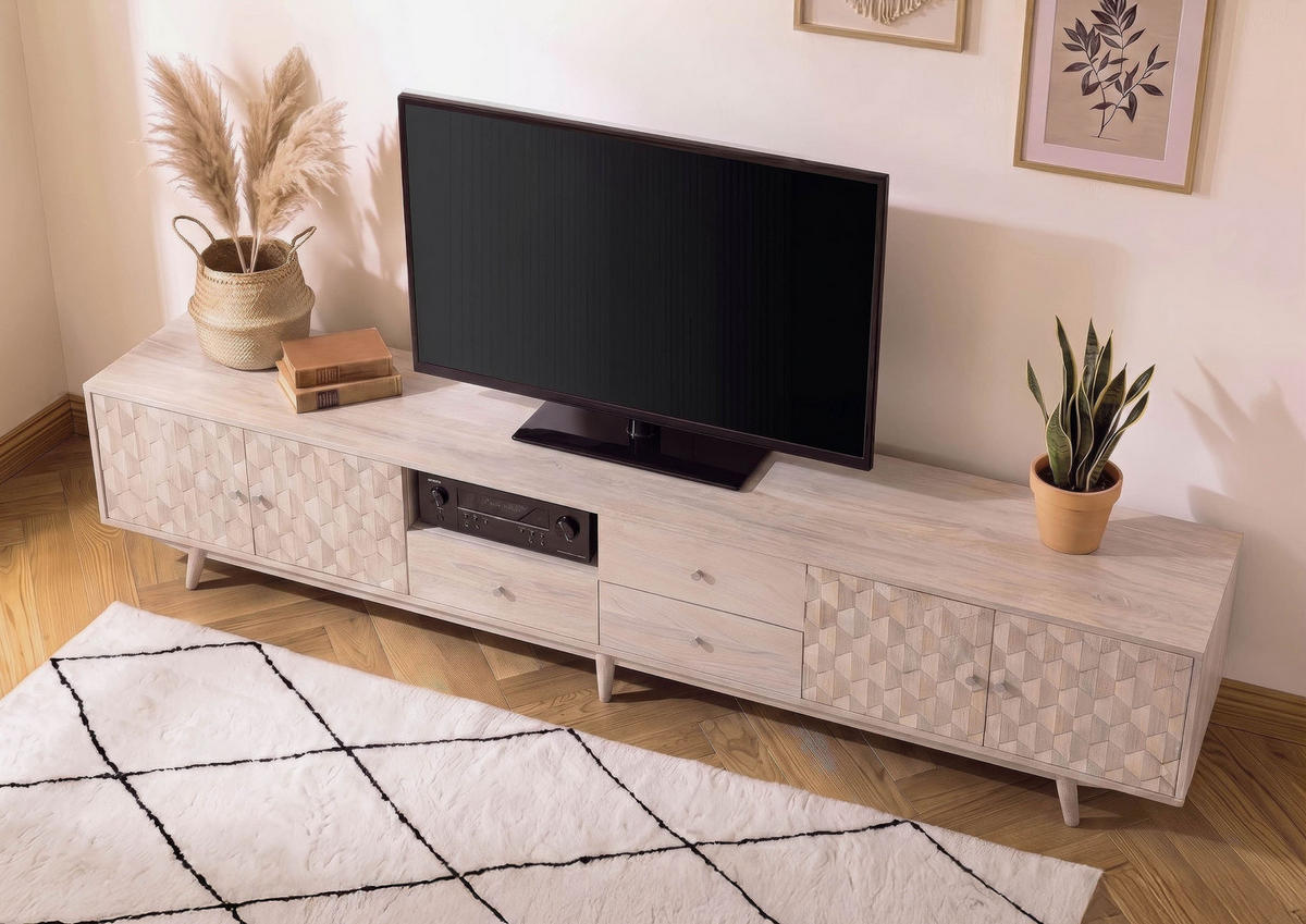 TV-BOARD Akazie 260x40x49 weiß lackiert MOSAYK #218 - Weiß, Holz (260/49/40cm) - Massivmoebel24
