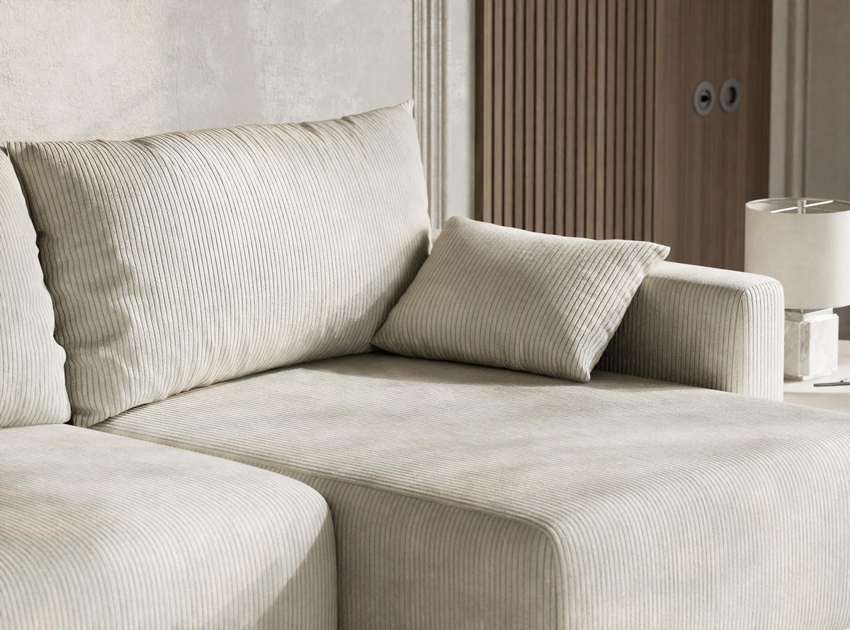 ECKSOFA MIT SCHLAFFUNKTION Leon Creme Samtstoff - Creme/Schwarz, Holz/Holzwerkstoff (239/148cm) - Maison de Reve