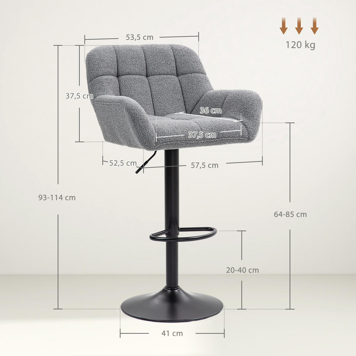 BARHOCKER 2er-Set Tresenhocker Höhenverstellbar Drehbar im Retro-Design - Grau, Textil (52.5/114/57.5cm) - HOMCOM