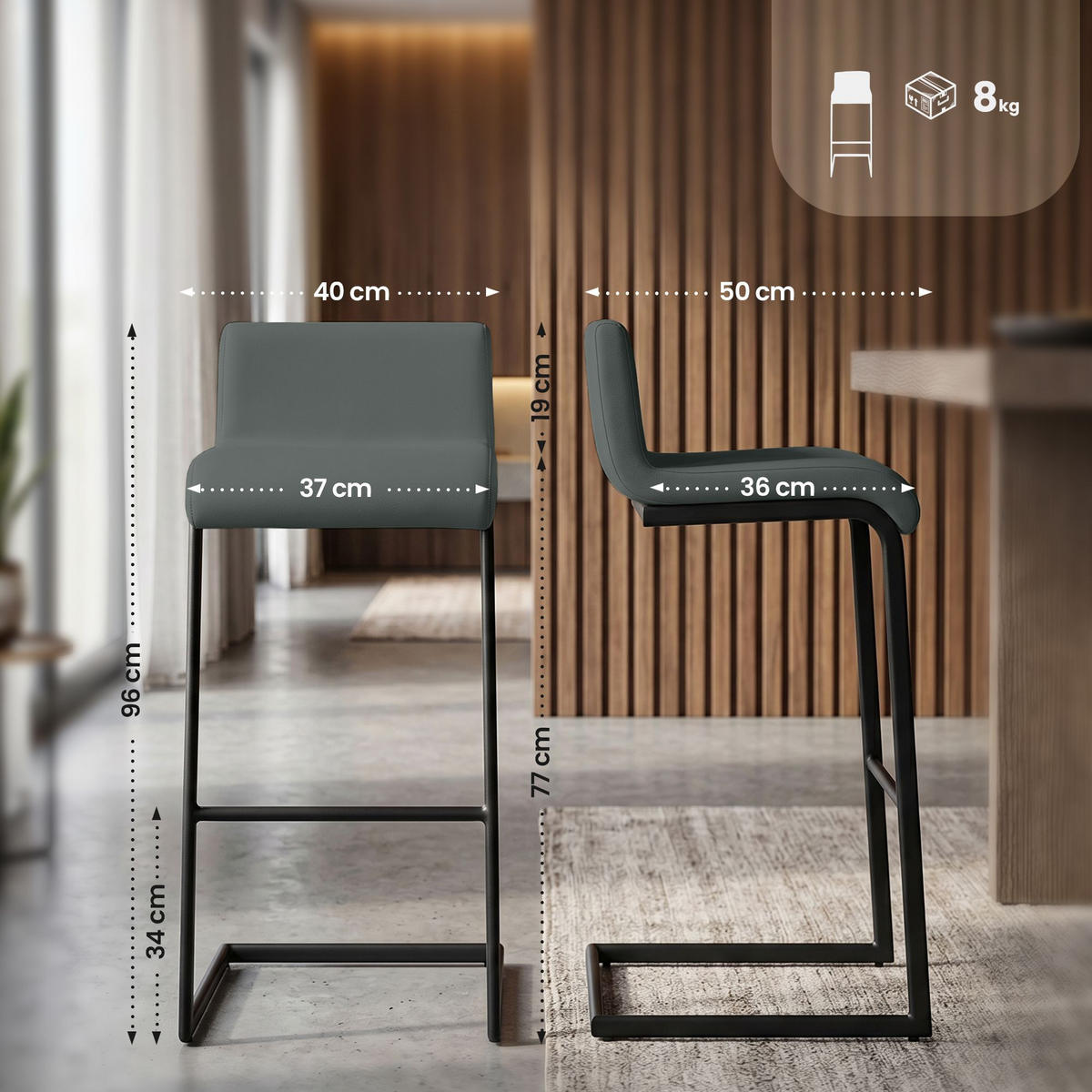 BARHOCKER 2 Lederlook Dunkelgrau - Dunkelgrau/Schwarz, Textil/Metall (40/96/50cm) - CLP