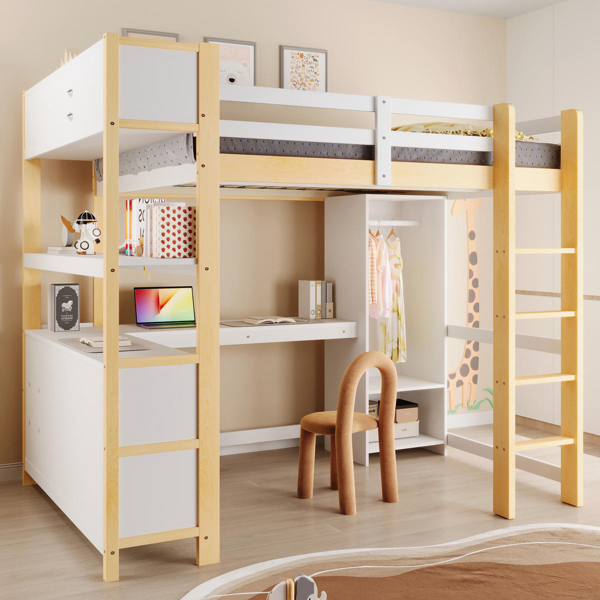 HOCHBETT mit Schreibtisch und Kleiderschrank Natur 140x200 cm Holz - Naturfarben, Holz (140/200cm) - SONNENH