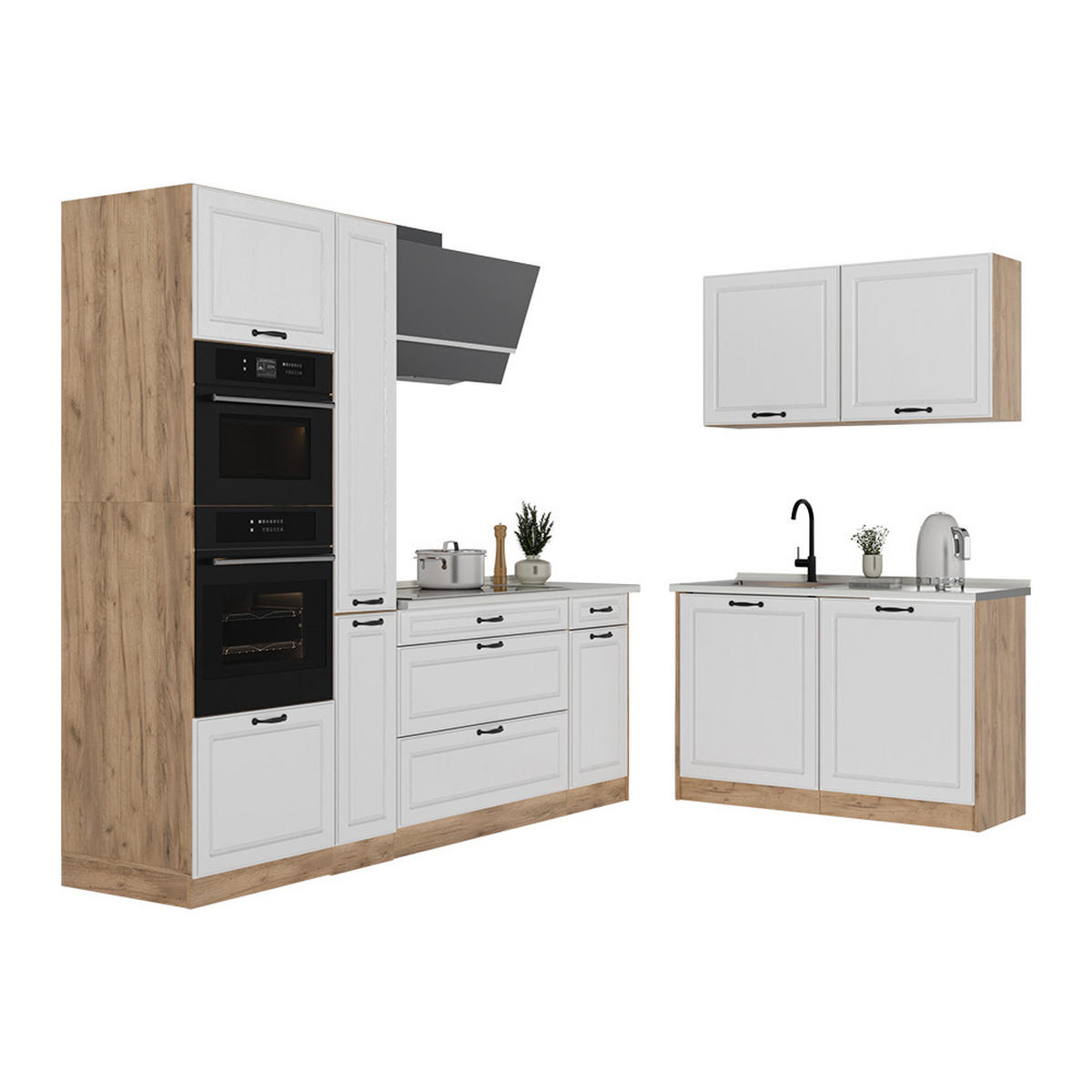 ROHOVÁ KUCHYŇA R-Line, Biely vidiecky dom/Dub Goldkraft, 230 x 120 cm Marmori työtaso - biela/dub medový, kompozitné drevo (230/206.8/60cm) - Vicco
