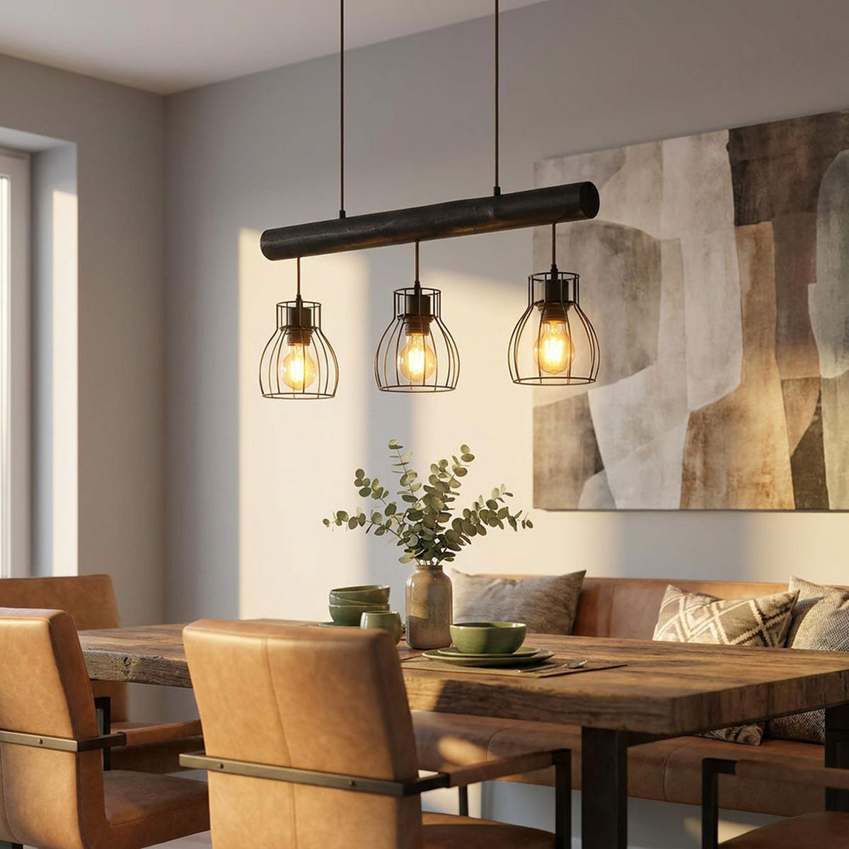 HÄNGELEUCHTE Holz Schwarz Metallgitter - Schwarz, Holz (60/13.6/140cm) - Globo Lighting