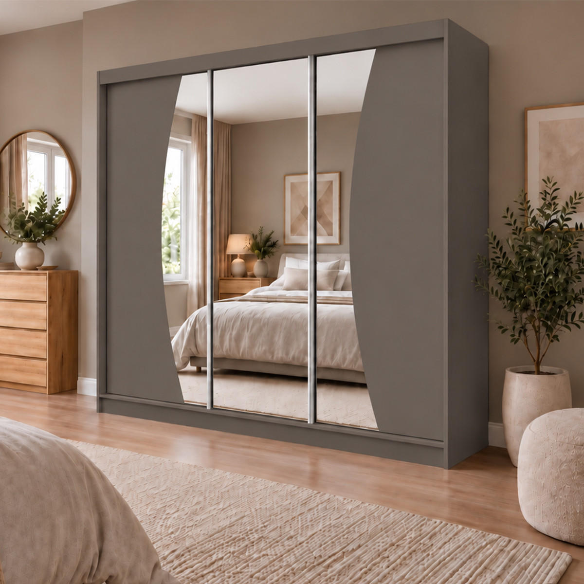 KLEIDERSCHRANK Nox 240 cm Graphit Spiegel 4 Schubladen Griffe silber - Graphitfarben, Holzwerkstoff (240/216/61cm) - KS Home Concept