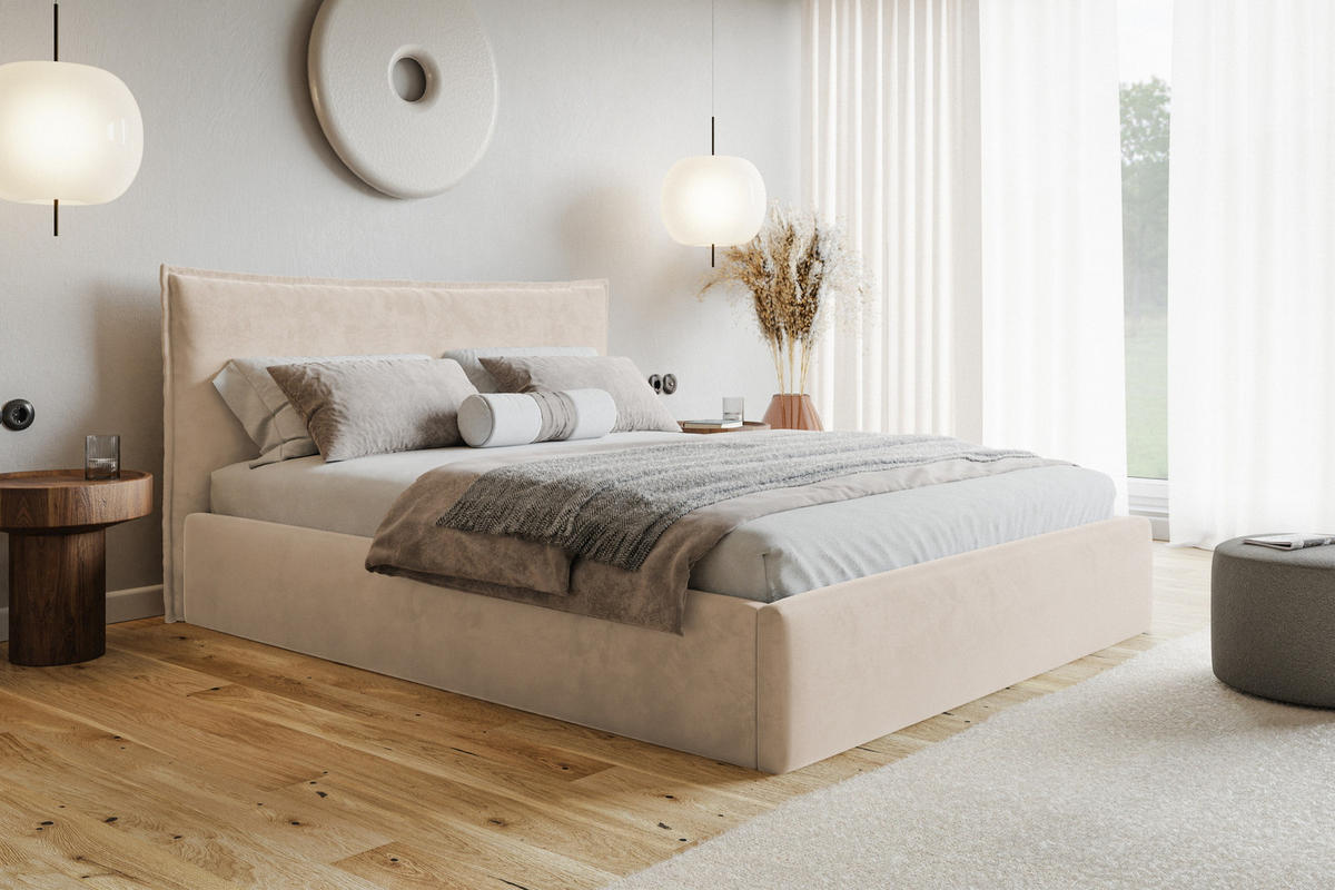 POLSTERBETT 180x200 cm Zenito Slim mit Kissen-Kopfteil, Bettkasten, Beige - Beige, Holz/Textil (180/200cm) - Emporius
