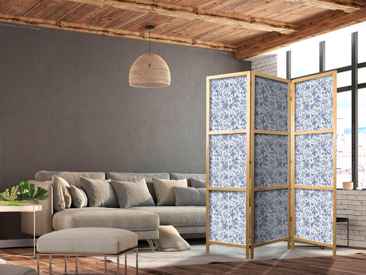PARAVÁN Japonský 3-dielny 135x172 cm Modré Kvety - čierna, drevo/textil (135/172/3cm) - Muralo