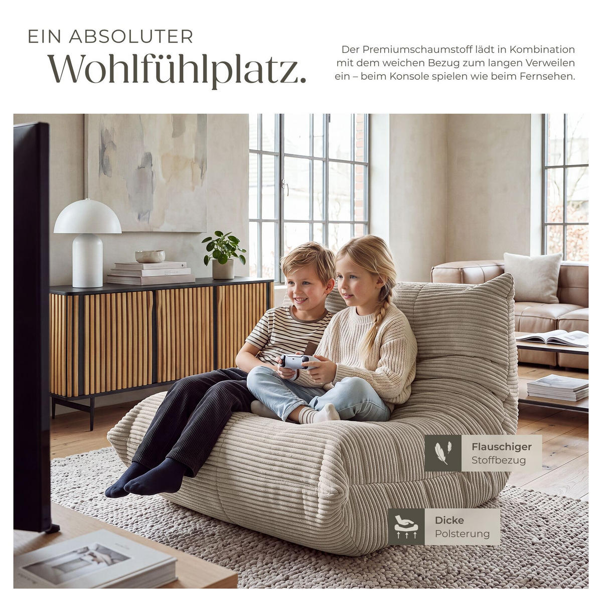 RELAXSESSEL Logo, 95 x 100 x 75 cm, Samtcord beige - Beige, Textil (95/75/100cm) - tectake