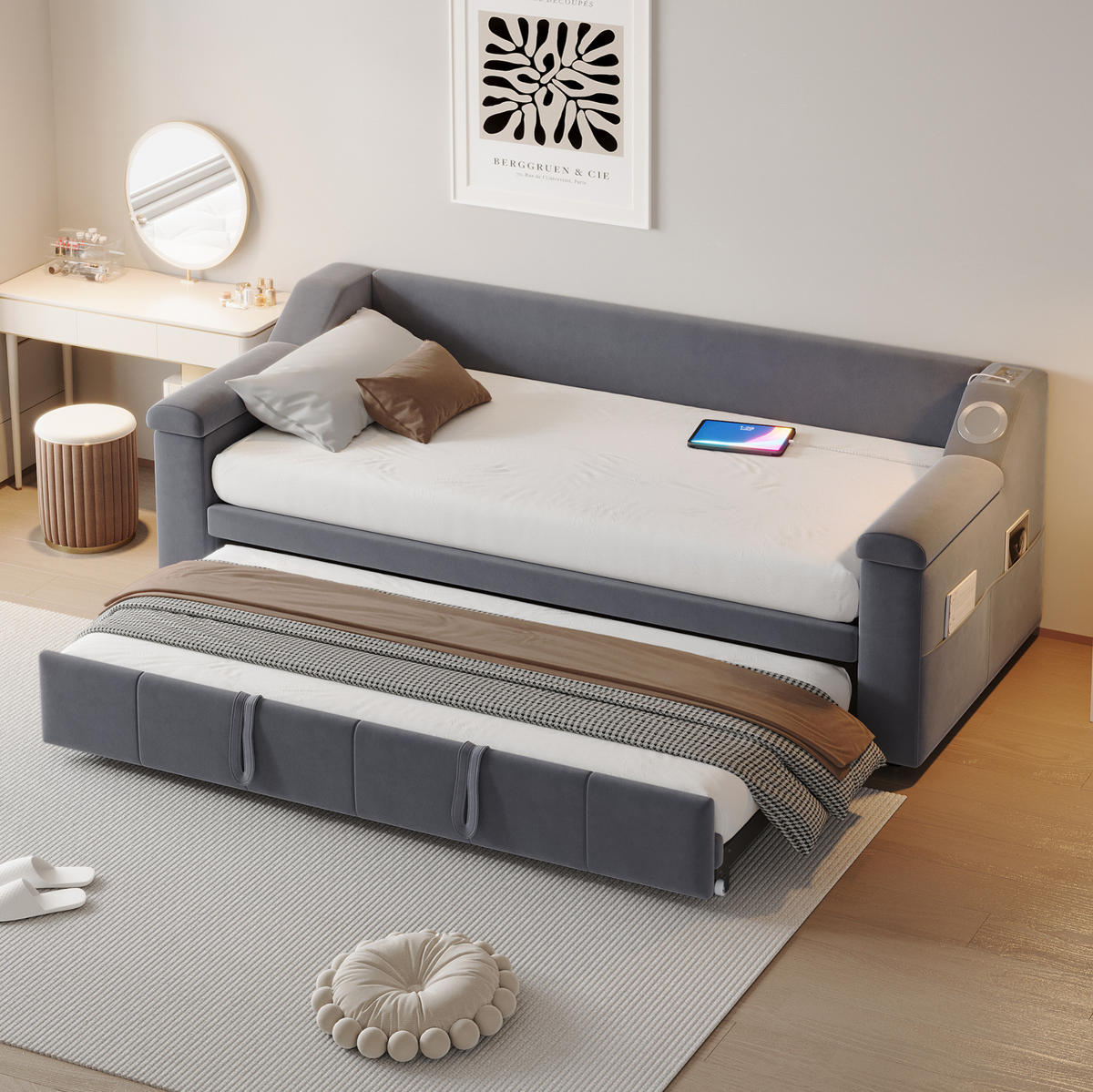 SCHLAFSOFA 90/190-180/190 cm mit hydraulischem Auszug, Bluetooth-Stereo, USB und Ablagefächern, Grau - Grau, Textil (216/69/97cm) - Redom