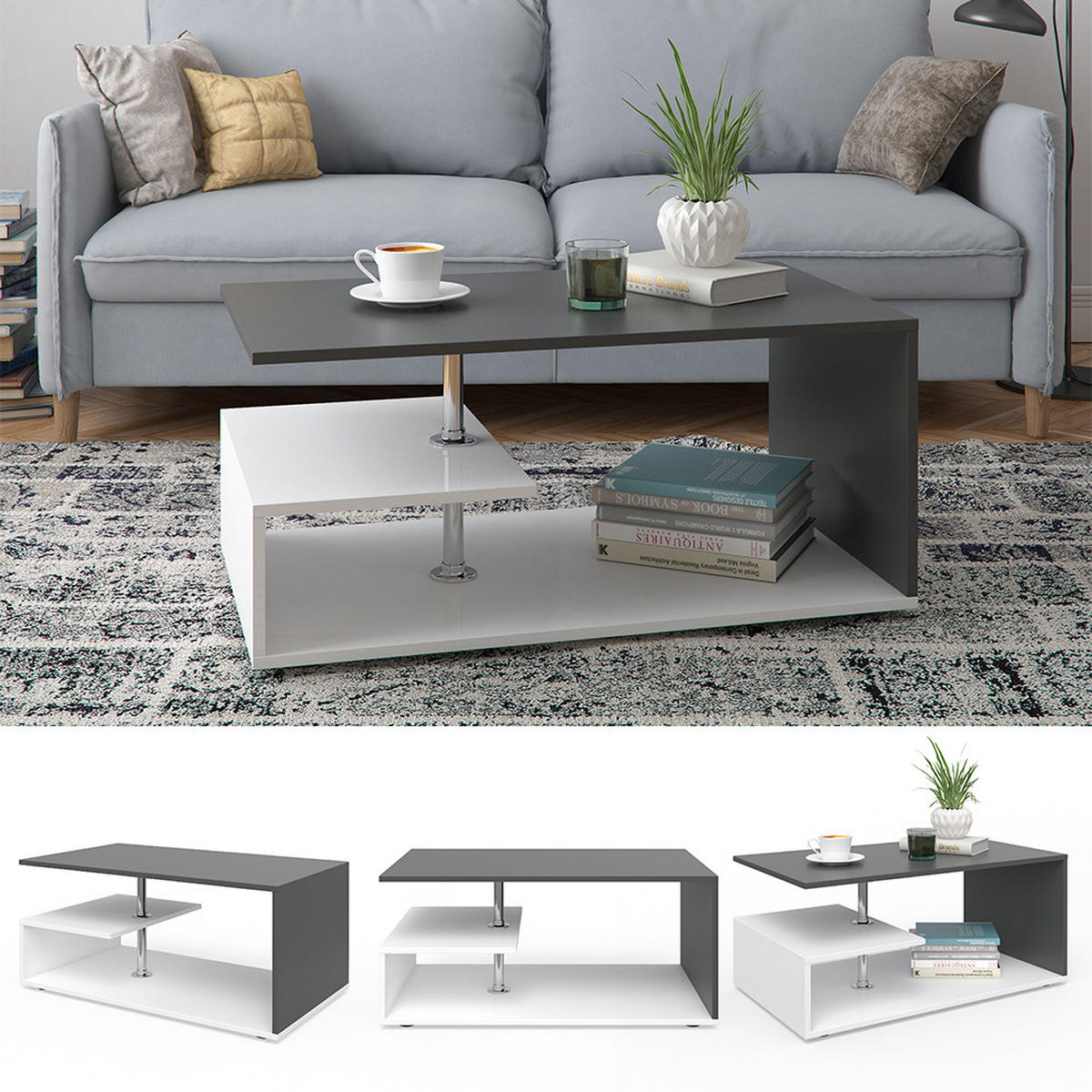 COUCHTISCH Guillermo Weiß/Anthrazit 91 x 52,6 cm - Anthrazit/Weiß, Holzwerkstoff (52.6/91/41cm) - Vicco