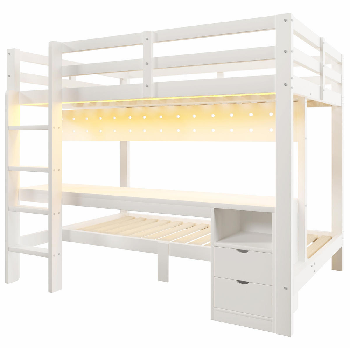 HOCHBETT 90/200 cm und 140/200 cm Weiß mit Schreibtisch, Schubladen und LED - Weiß, Holz (140/200cm) - MIVRAY