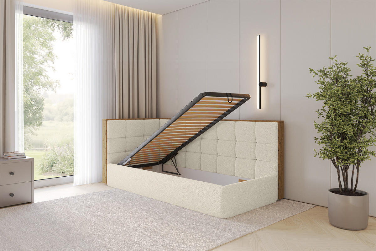 EINZELLBETT Jugendbett mit Bettkasten, Rechts - SOVY 100x200 Beige - Perlmutt, Holzwerkstoff/Textil (100/200cm) - ALTDECOR