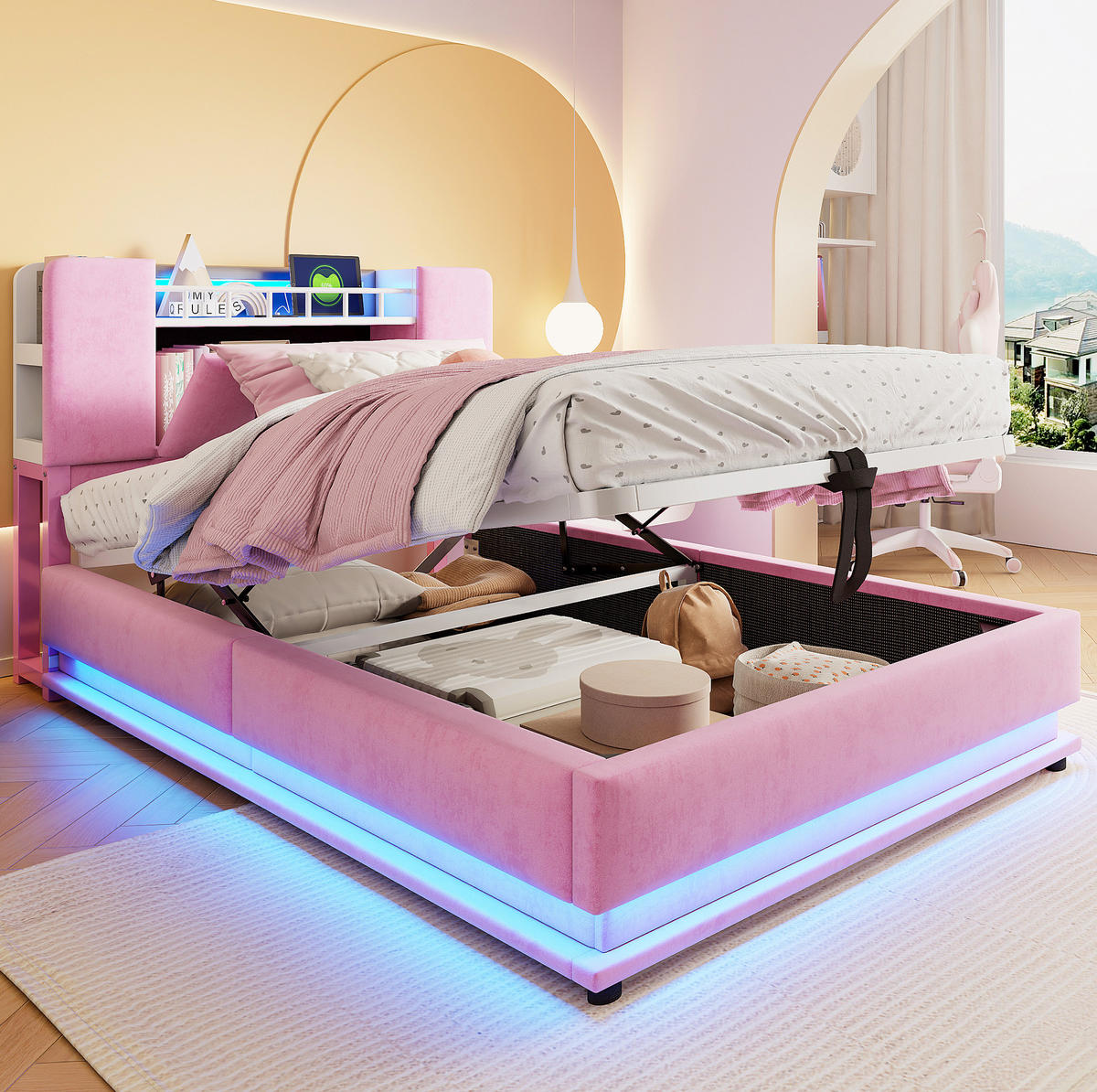 POLSTERBETT mit LED-Beleuchtung 90/200 cm mit Bettkasten und gepolstertem Kopfteil - Rosa, Textil (90/200cm) - BEAOK
