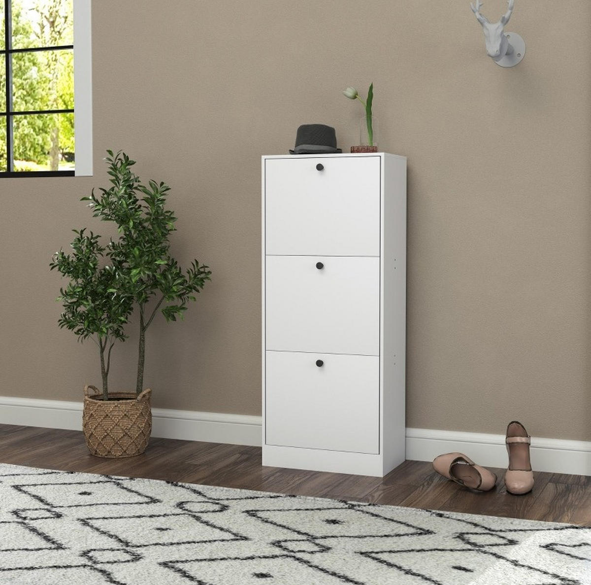 SCHUHSCHRANK 47/28/115 cm in Weiß mit 3 Klappen - Weiß, Holzwerkstoff (47/115/28cm) - Flora Grace
