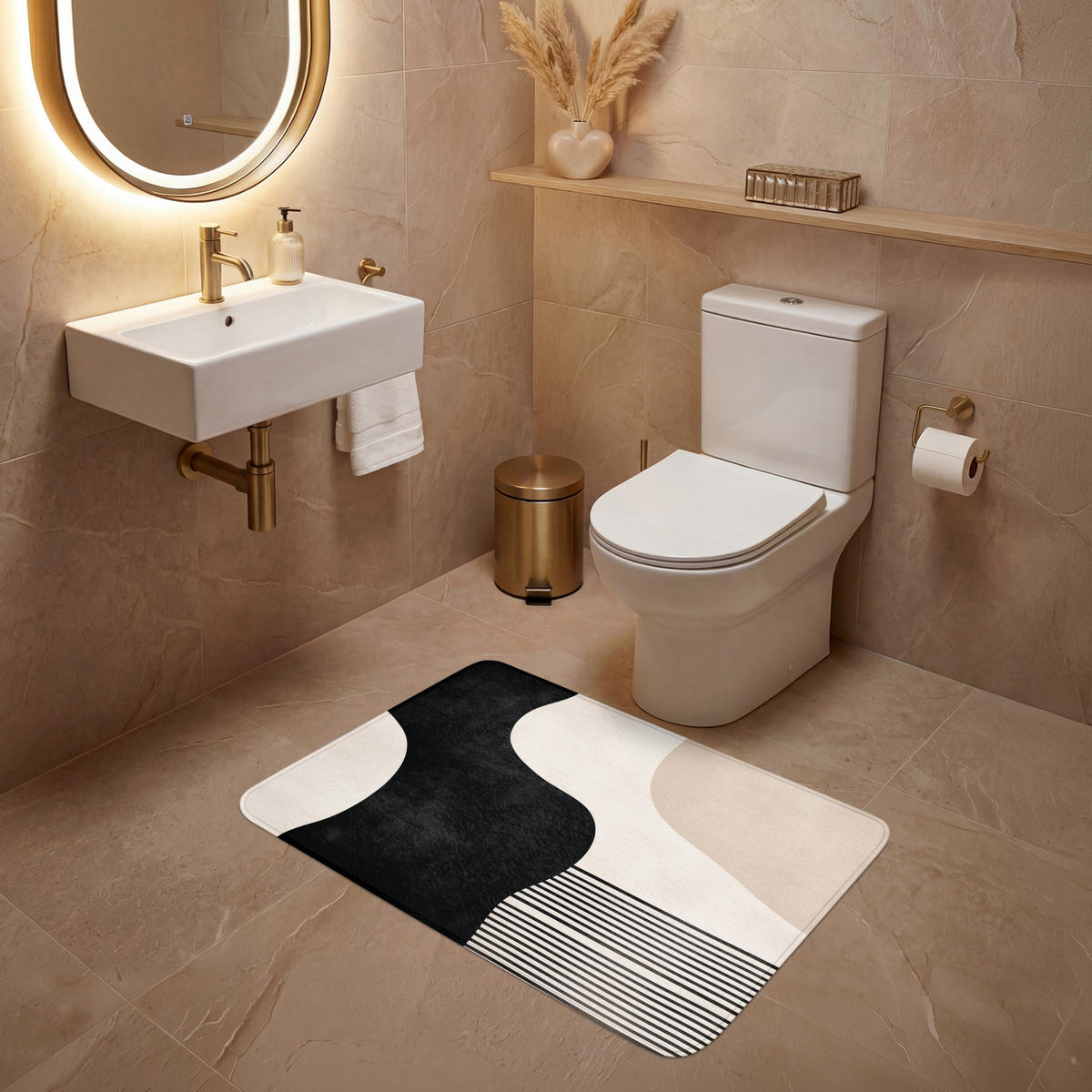 WC-VORLEGER Abstrakt - Japandi - Beige - Modern Toilettenteppich 90x60 cm - Beige, Kunststoff/Textil (90/1cm) - OnlyWow
