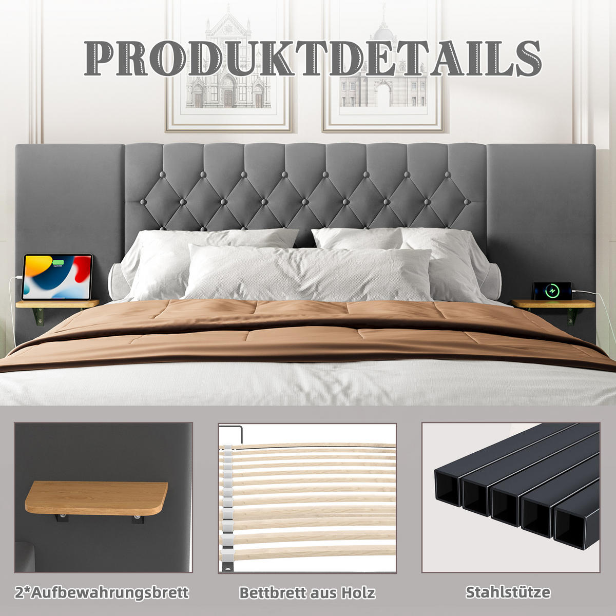 POLSTERBETT aus Samt 160x200 cm in Grau mit LED, USB und Stauraum - Grau, Textil (160/200cm) - Modfu