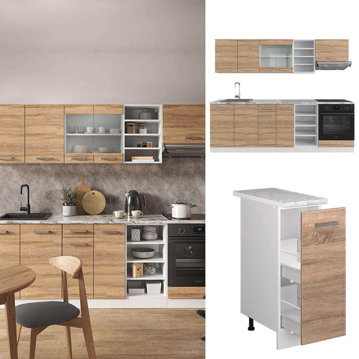 KÜCHENZEILE R-Line Sonoma/Weiß 240 cm, AP Eiche - Weiß/Sonoma Eiche, Holzwerkstoff (240/81.6/60cm) - Vicco