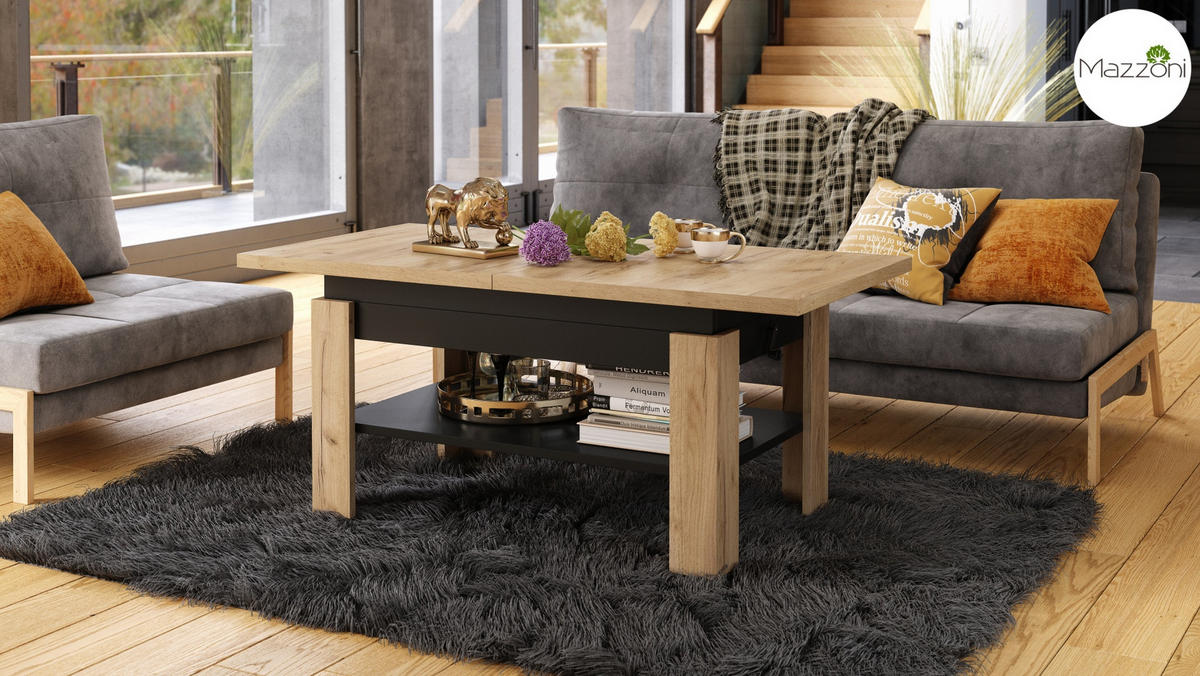 COUCHTISCH rechteckig Eiche Artisan - Schwarz ausziehbar höhenverstellbar - Schwarz/Eiche Artisan, Holzwerkstoff (65/130/58cm) - designimpex