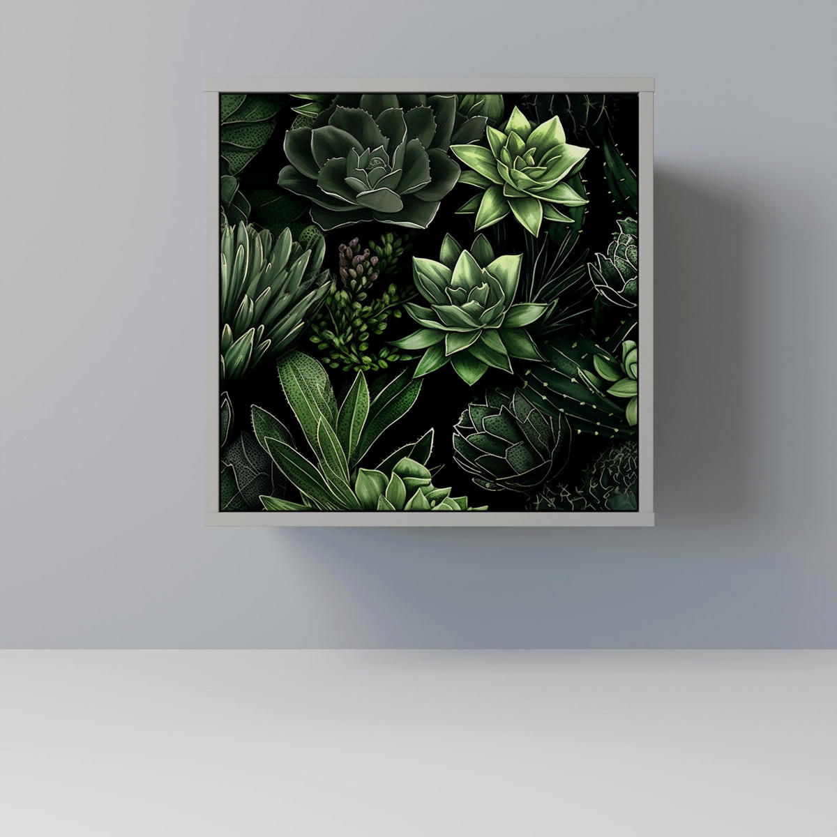 SIDEBOARD SUCCULENT JUNGLE, Grau, 57,5x42x72,5 cm, Schwarze Metallfüße - Multicolor/Schwarz, Holzwerkstoff/Metall (57.5/72.5/42cm) - SpaceRebels