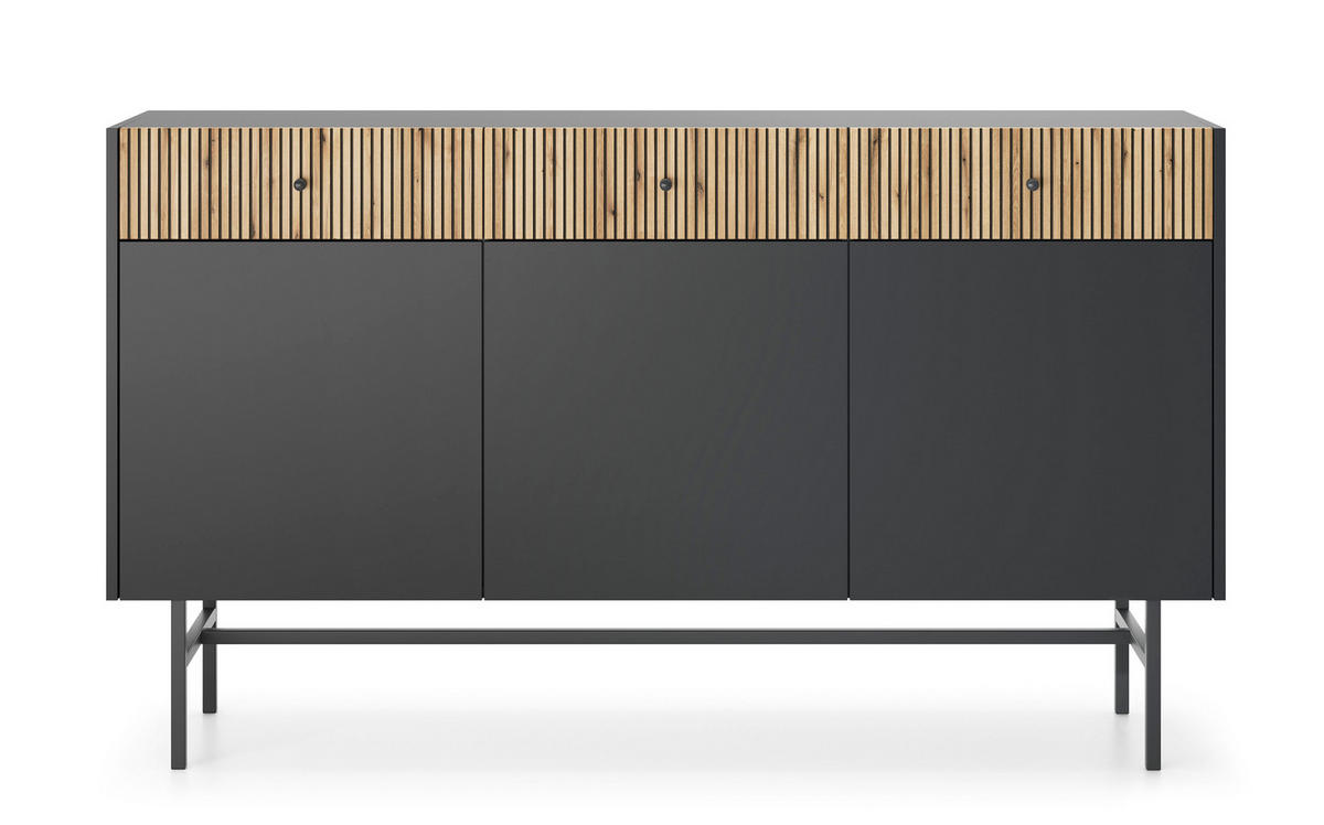 SIDEBOARD Dinley 3T 3S Schwarz, Braun 155/89,4/39 cm – mit langen Beinen und Lamellenfront - Schwarz/Braun, Holzwerkstoff/Metall (155/89.4/39cm) - AX Living