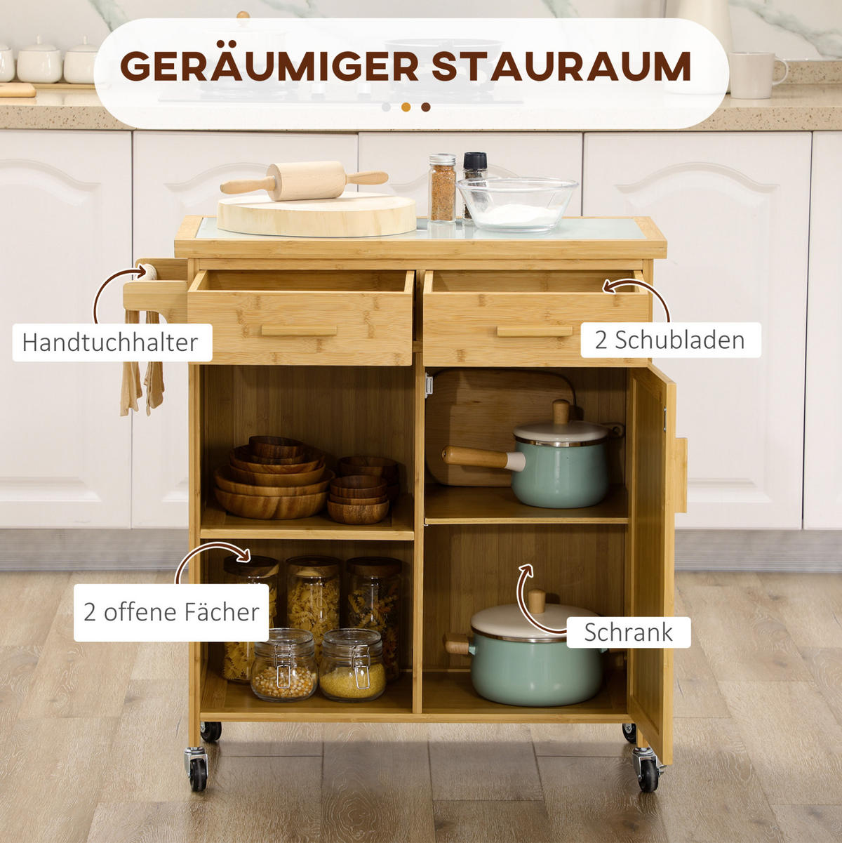 KÜCHENWAGEN Rollwagen 84x36x85cm Bambus Rattan mit Glasplatte & 4 Rollen - Naturfarben, Holz (36/85/84cm) - Modfu