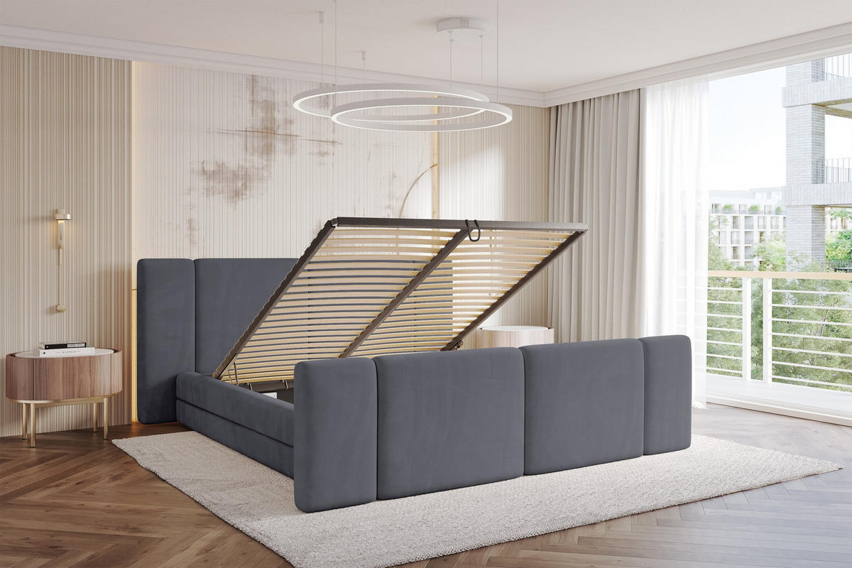 POLSTERBETT mit Bettkasten, Fußteil und Lattenrost, Bett mit Matratze H3/H4 - TEVO-Z 180x200 Dunkelgrau - Dunkelgrau, Holzwerkstoff/Textil (180/200cm) - ALTDECOR