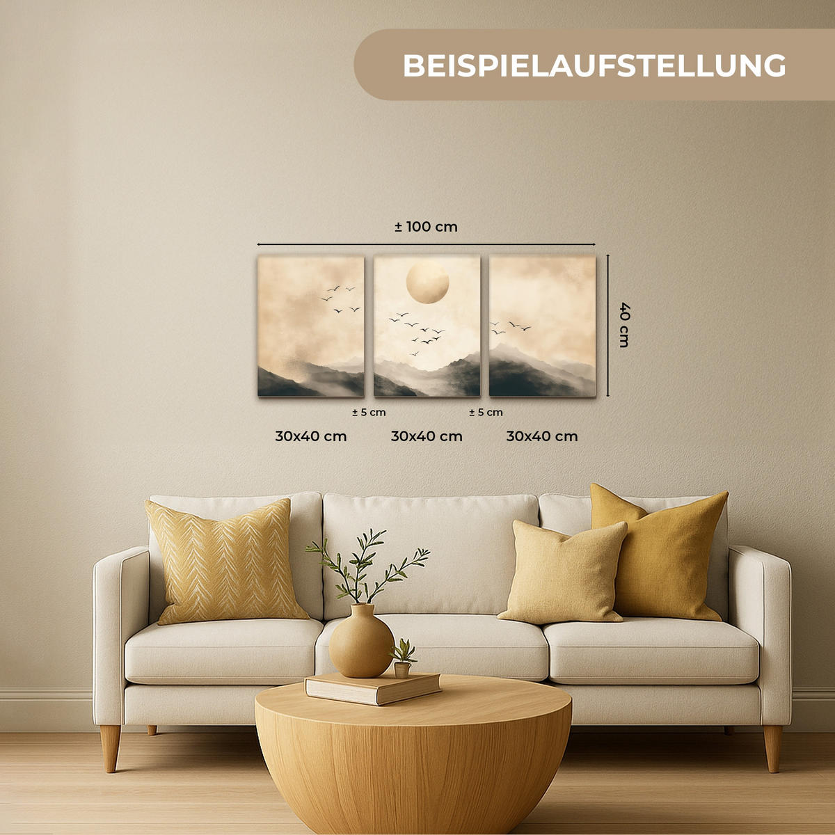 LEINWANDBILD 3er Set Landschaft - Japandi - Beige - Vögel 90x40 cm - Beige, Textil (90/40cm) - MuchoWow