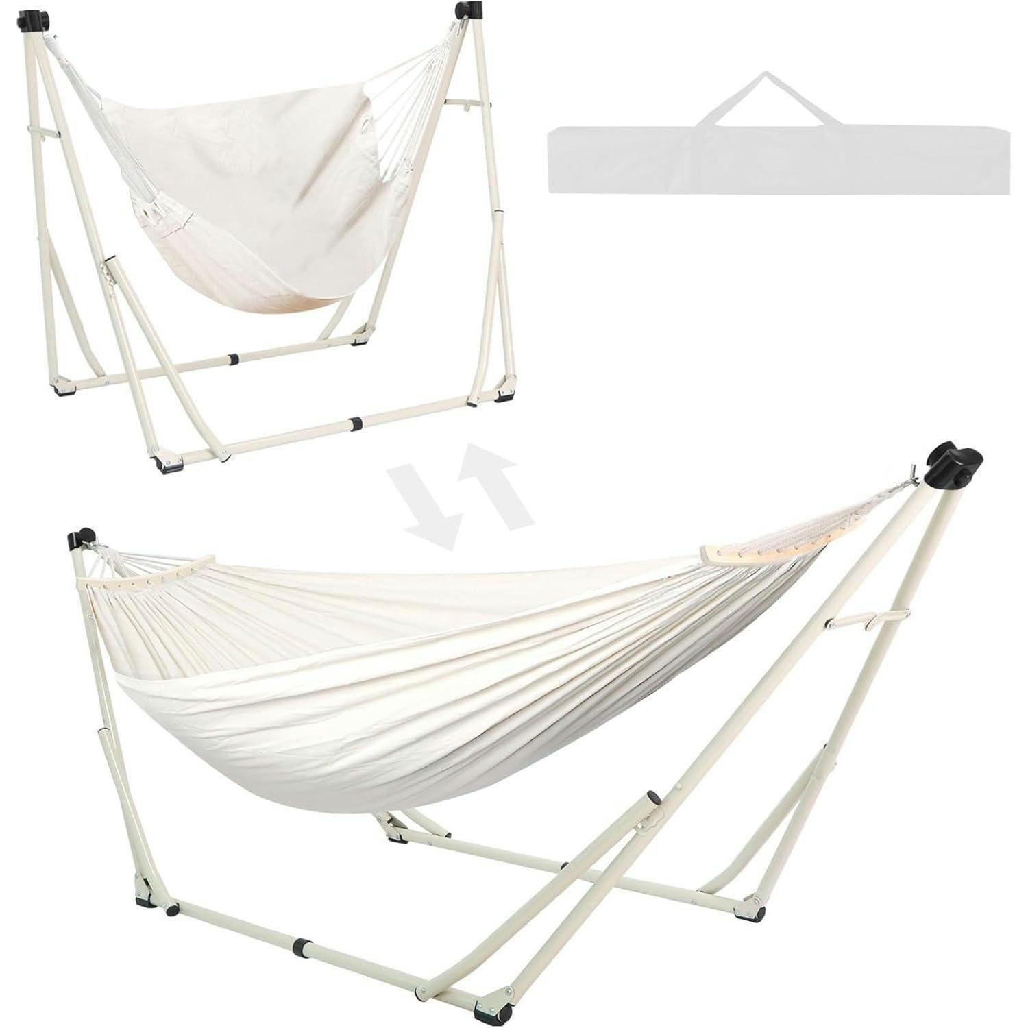 HÄNGEMATTEN- und Hängesessel-Set mit klappbarem Gestell Beige - Weiß, Textil (130/2.5/180cm)
