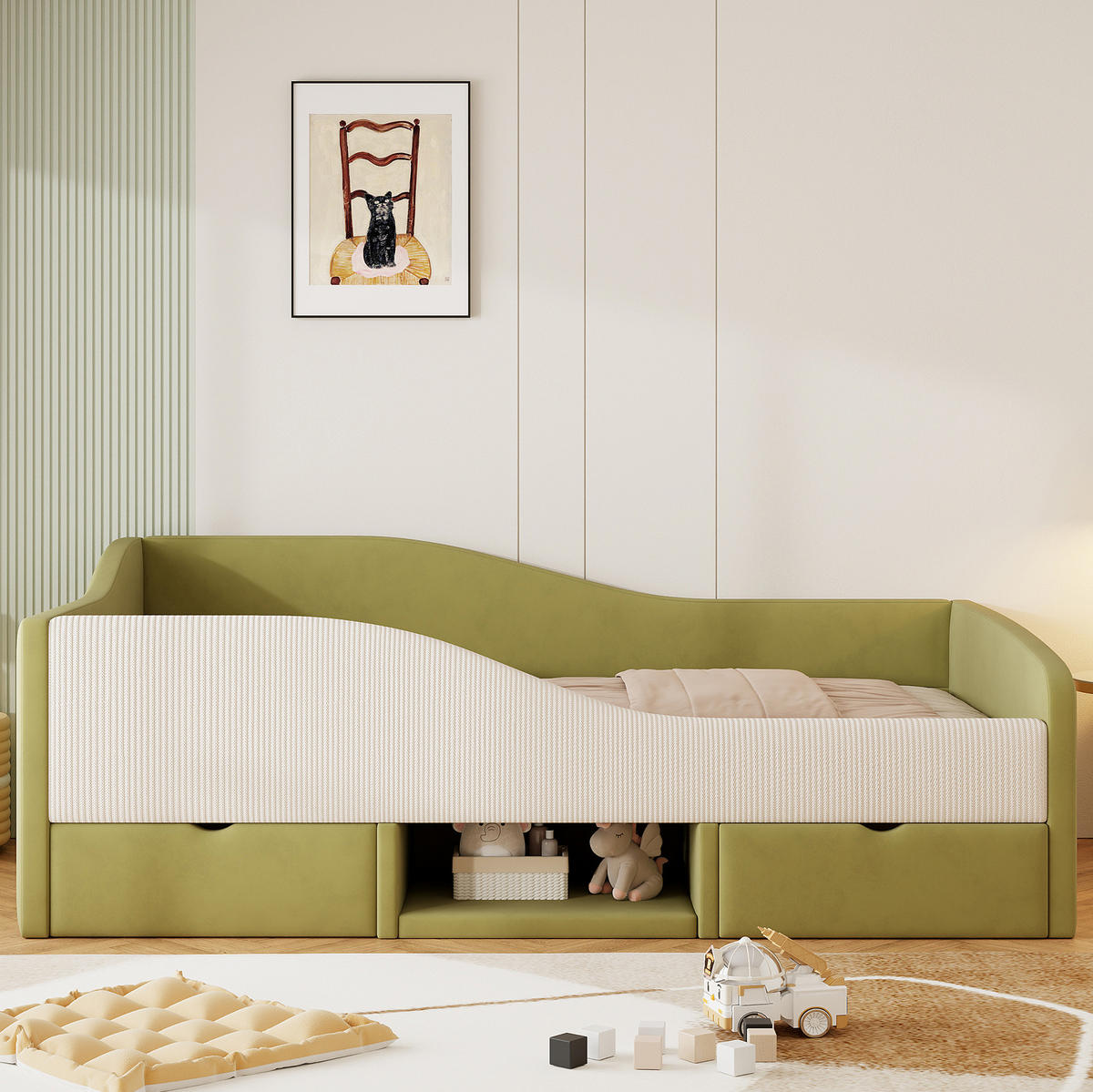 SAMT-POLSTERBETT 90/190 cm mit 2 Schubladen und gepolsterten Schutzgittern - Grün, Textil (90/190cm) - BEAOK