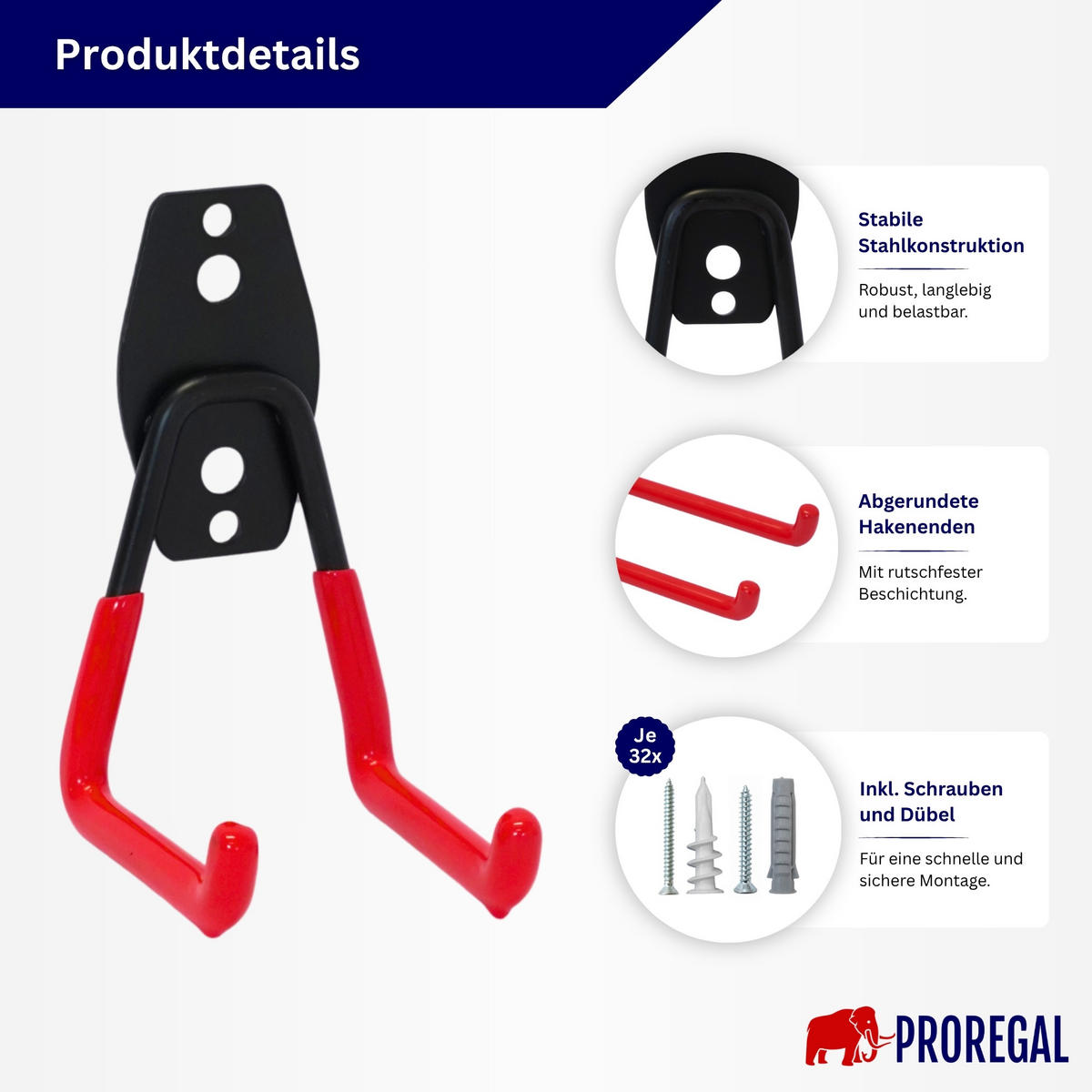 WANDHAKEN für Garage GRIT 18-teiliges Set Rot Gerätehaken Platzsparende Aufbewahrung - Rot, Metall (19/2.5/16cm) - PROREGAL