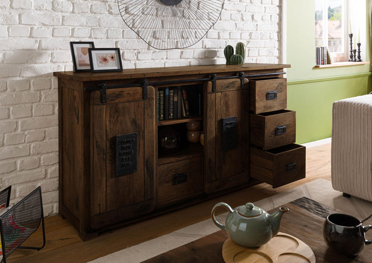 SIDEBOARD Mango 170x45x90 braun lackiert RAILWAY #493 - Braun, Holz (170/90/45cm) - Massivmoebel24