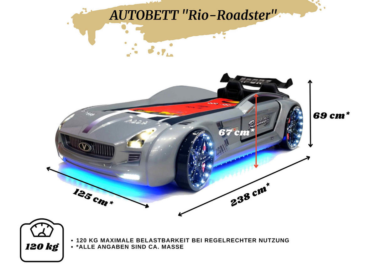 AUTOBETT Roadster Silber Kinderbett LED Sound Sportsitze Lattenrost Spoiler - Silberfarben/Schwarz, Holzwerkstoff/Kunststoff (90/190cm) - Aileenstore