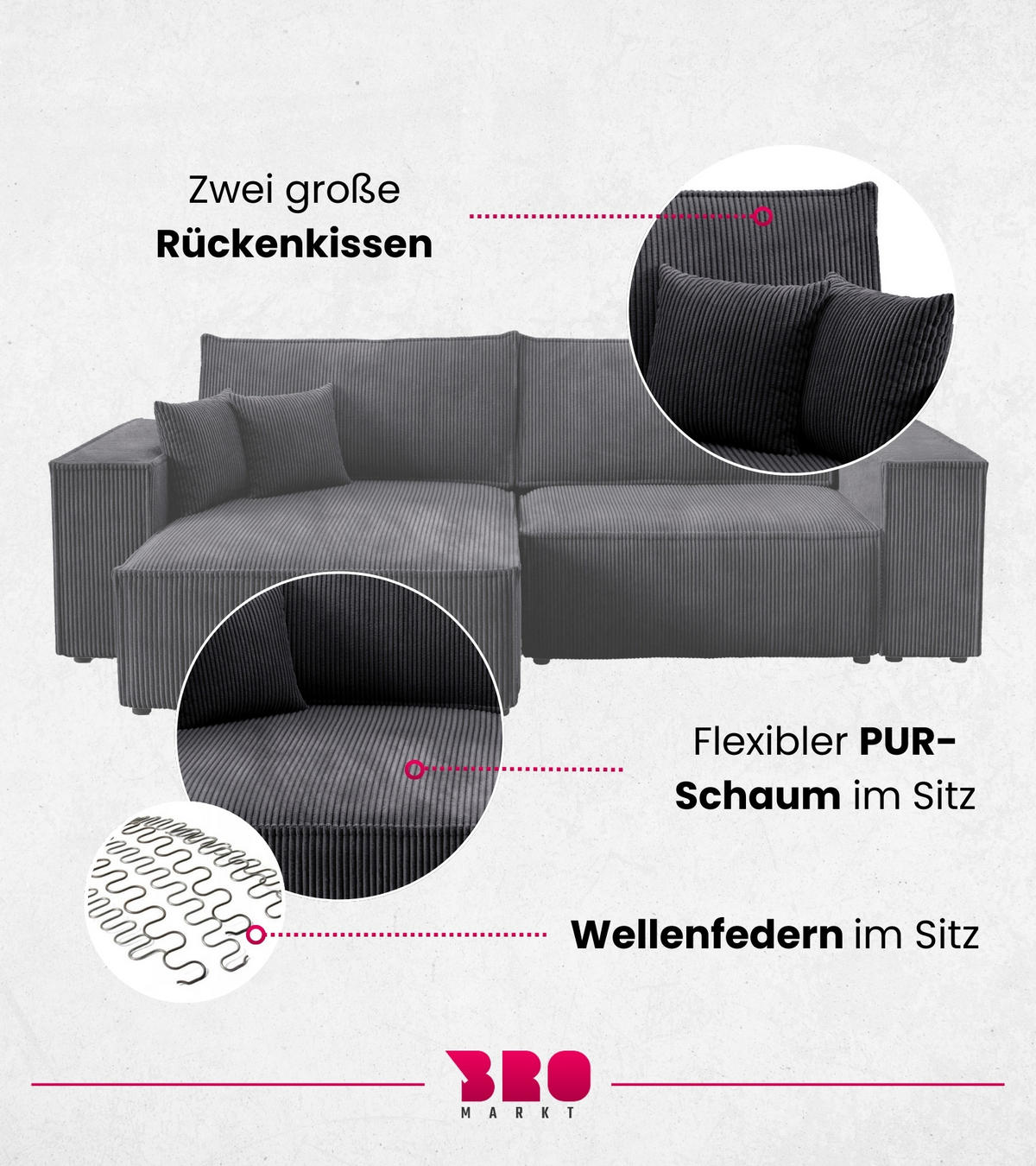 ECKSOFA Pedro mit Schlaffunktion Schwarz Cord - Schwarz, Textil (255/153cm) - Bromarkt