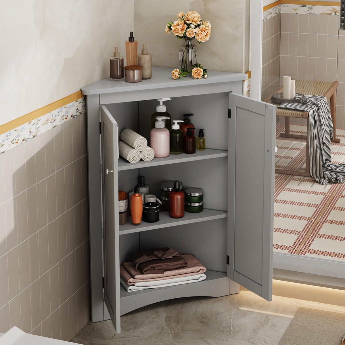 ROHOVÁ skrinka z MDF 61,5x34,5x80 cm sivá s 2 dvierkami a 3 úložnými priehradkami - sivá, kompozitné drevo (34.5/90/61.5cm) - Modfu