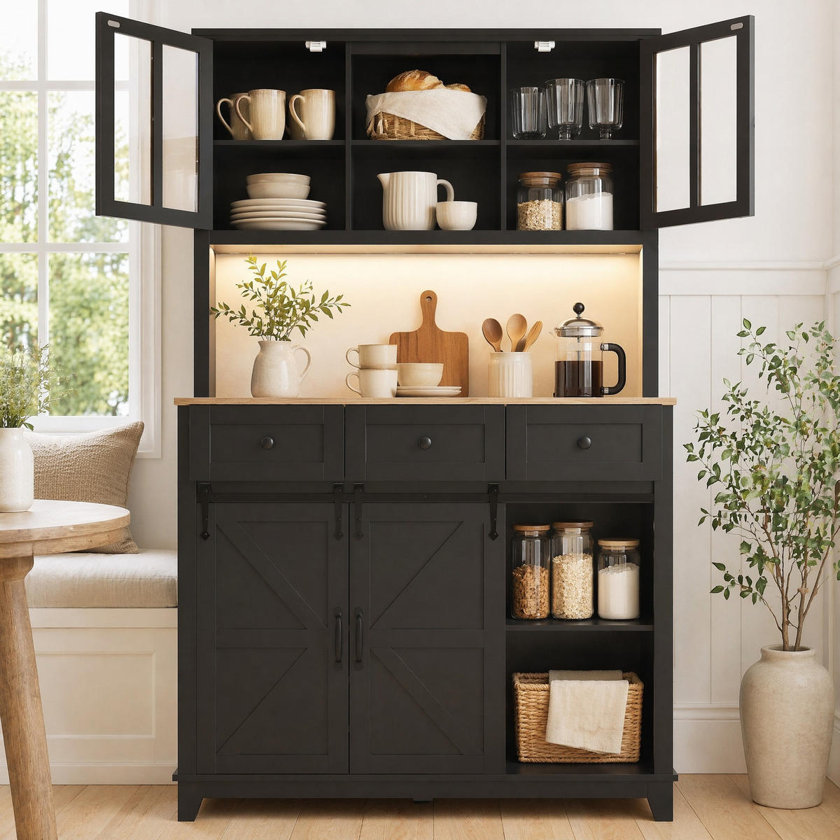 BUFFET 105/38,4/180 cm aus MDF mit LED-Beleuchtung und Schiebetür Schwarz - Schwarz, Holzwerkstoff (105/180/38.4cm) - Modenvie