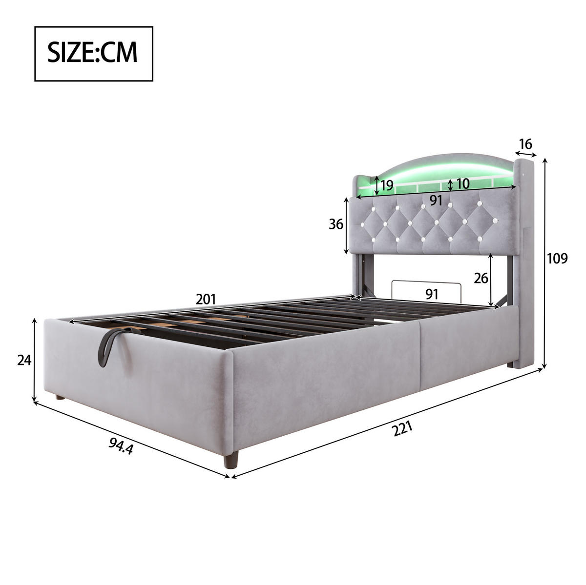 KINDERBETT 90/200 cm mit LED-Beleuchtung, USB und Bettkasten, Samt, Grau - Grau, Textil (90/200cm) - Redom