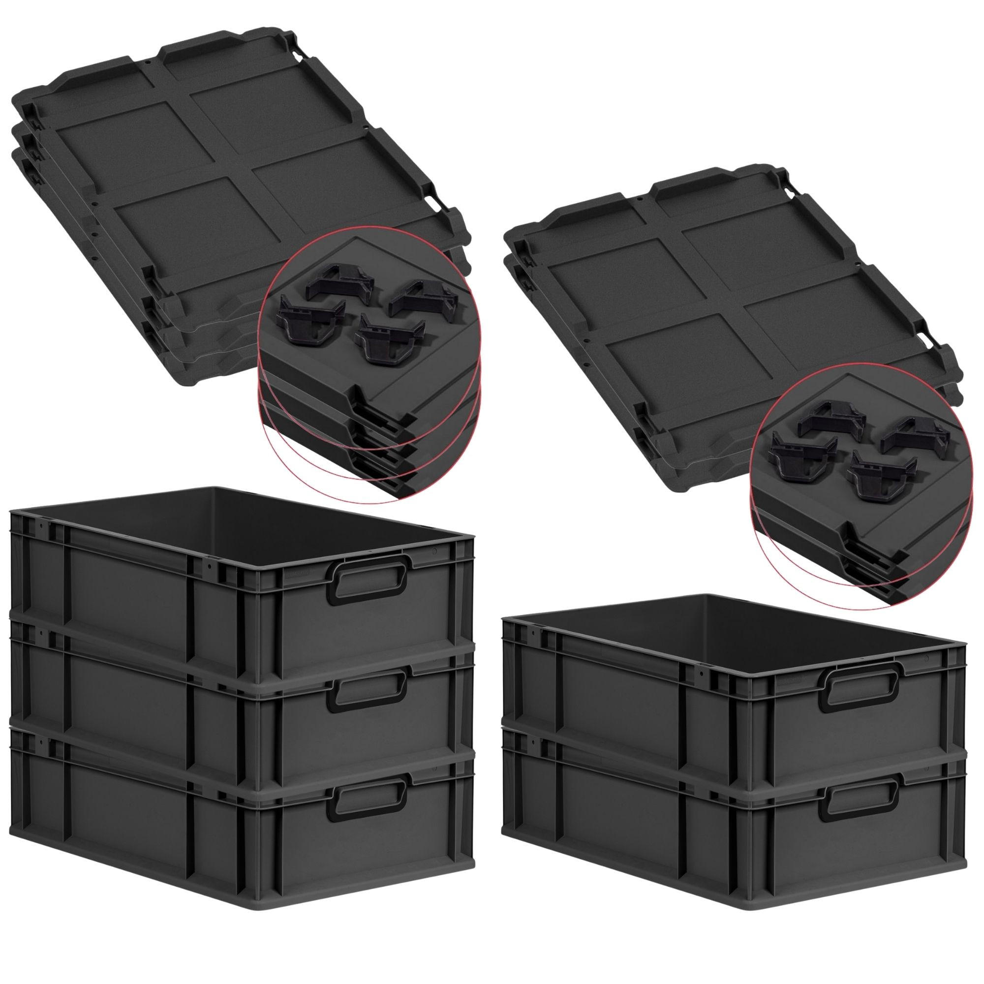EUROBOX 5x NextGen Color mit Auflagedeckel 17x40x60 cm 34 Liter Schwarz Griffe schwarz zu - Anthrazit/Schwarz, Kunststoff (40/17/60cm) - PROREGAL