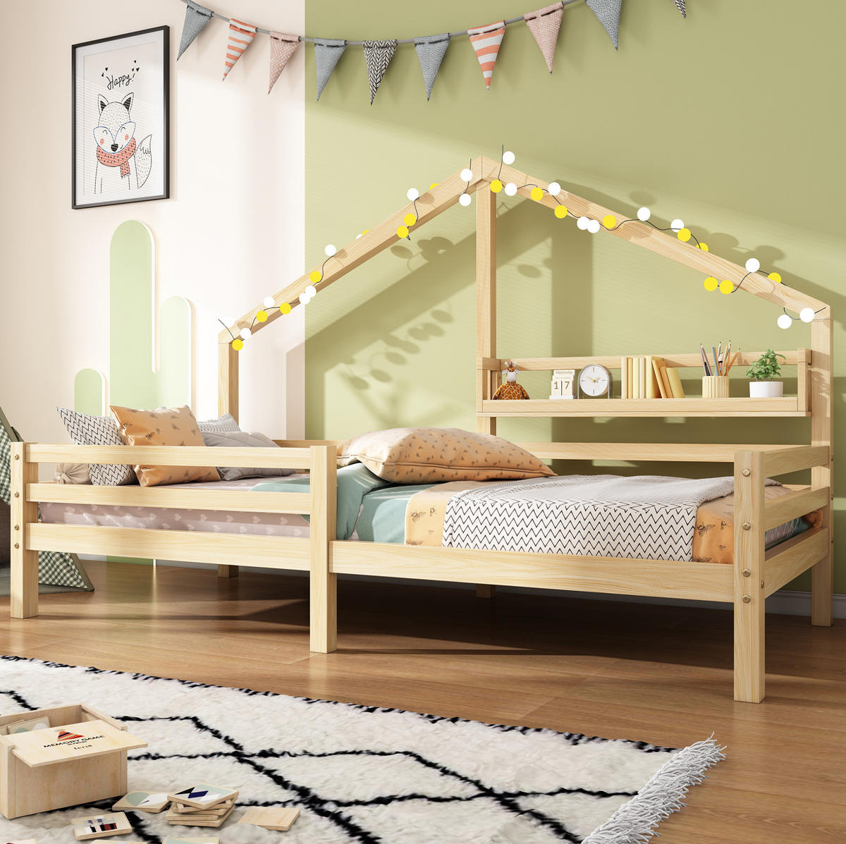 HAUSBETT 90/200 cm Natur Kiefernholz mit Ablageregal skandinavischer Stil - Naturfarben, Holzwerkstoff (90/200cm) - OKWISH