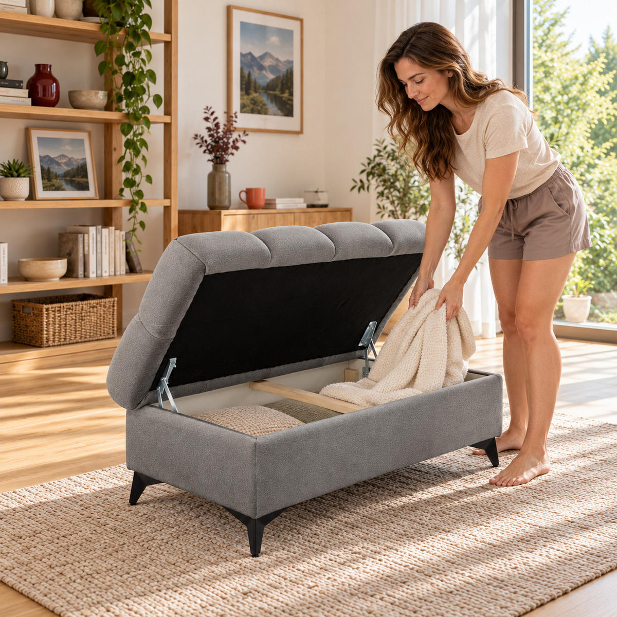 POUF PUDDING 110 x 60 cm Velours Grau - Schwarz/Grau, Holz/Textil (110/43/60cm) - Muffo