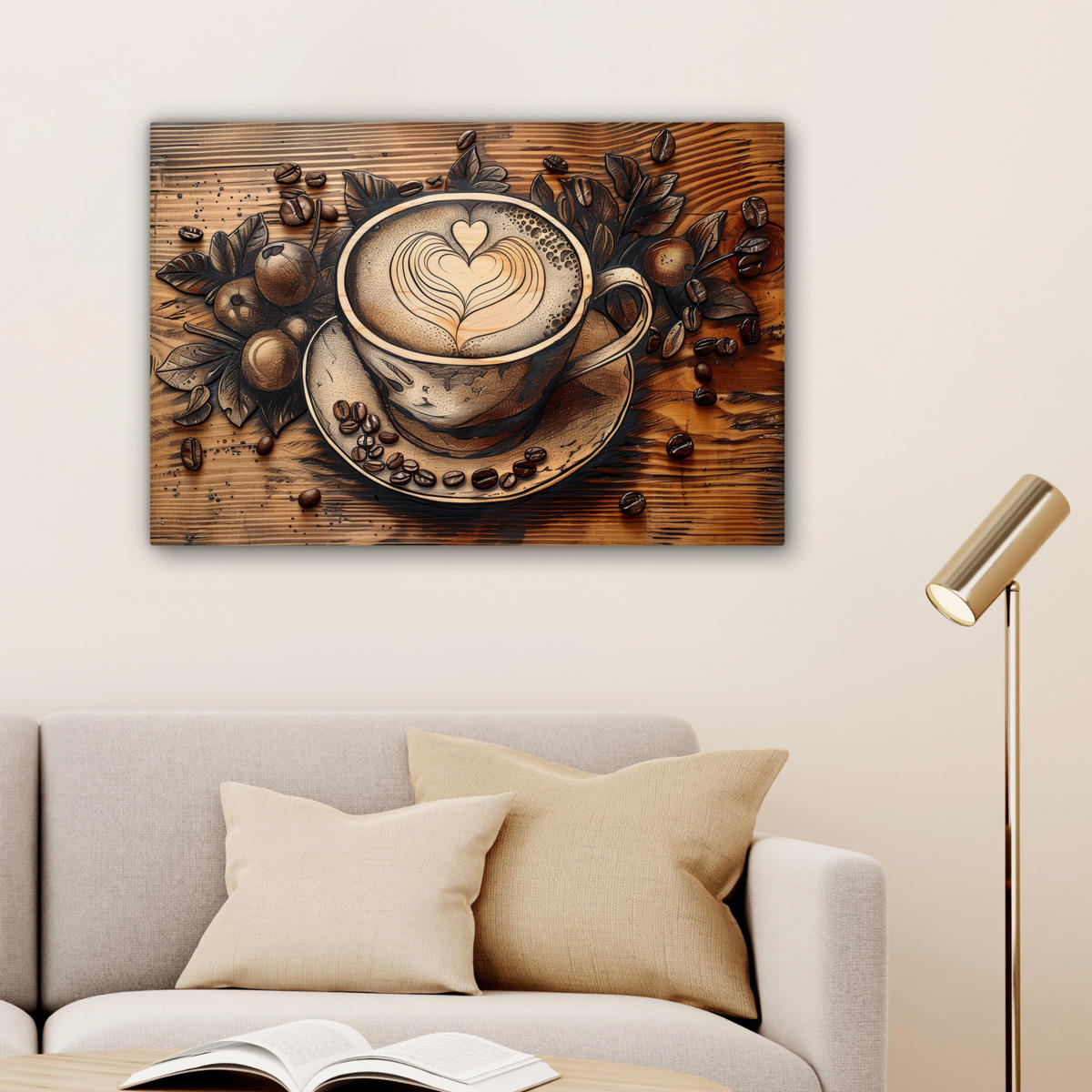 LEINWANDBILD Kaffee - Vintage - Braun - Tasse - Holz Gemälde 60x40 cm - Braun, Textil (60/40cm) - MuchoWow