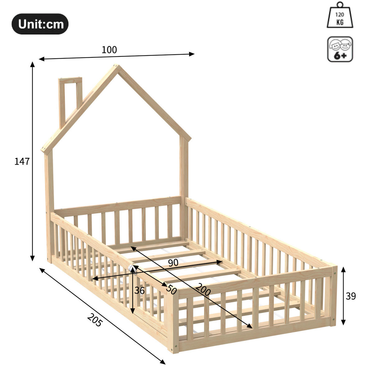 KINDERBETT 90/200 cm Natur aus Kiefernholz und MDF mit Sicherheitsgitter - Naturfarben, Holzwerkstoff (90/200cm) - OKMYHOME
